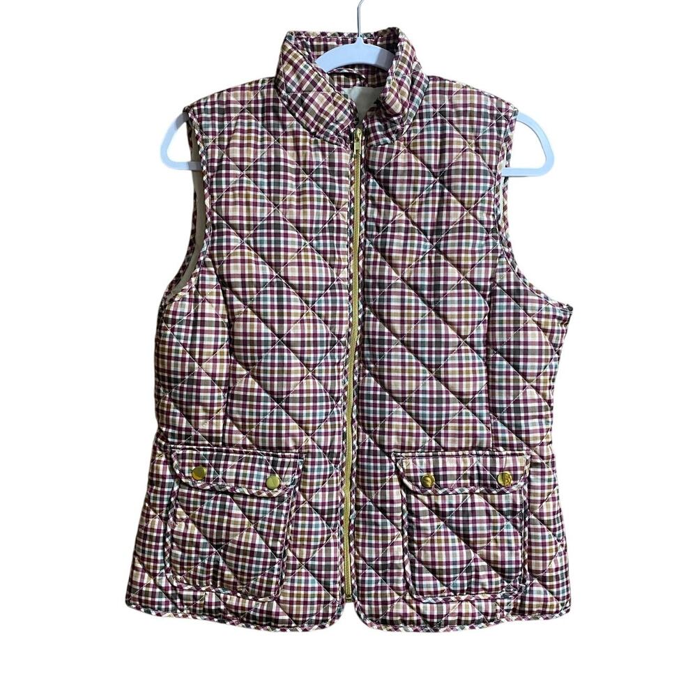 St John’s Bay Women’s Quilted Vest Medium Plaid Blue Red Full Zip Up Country